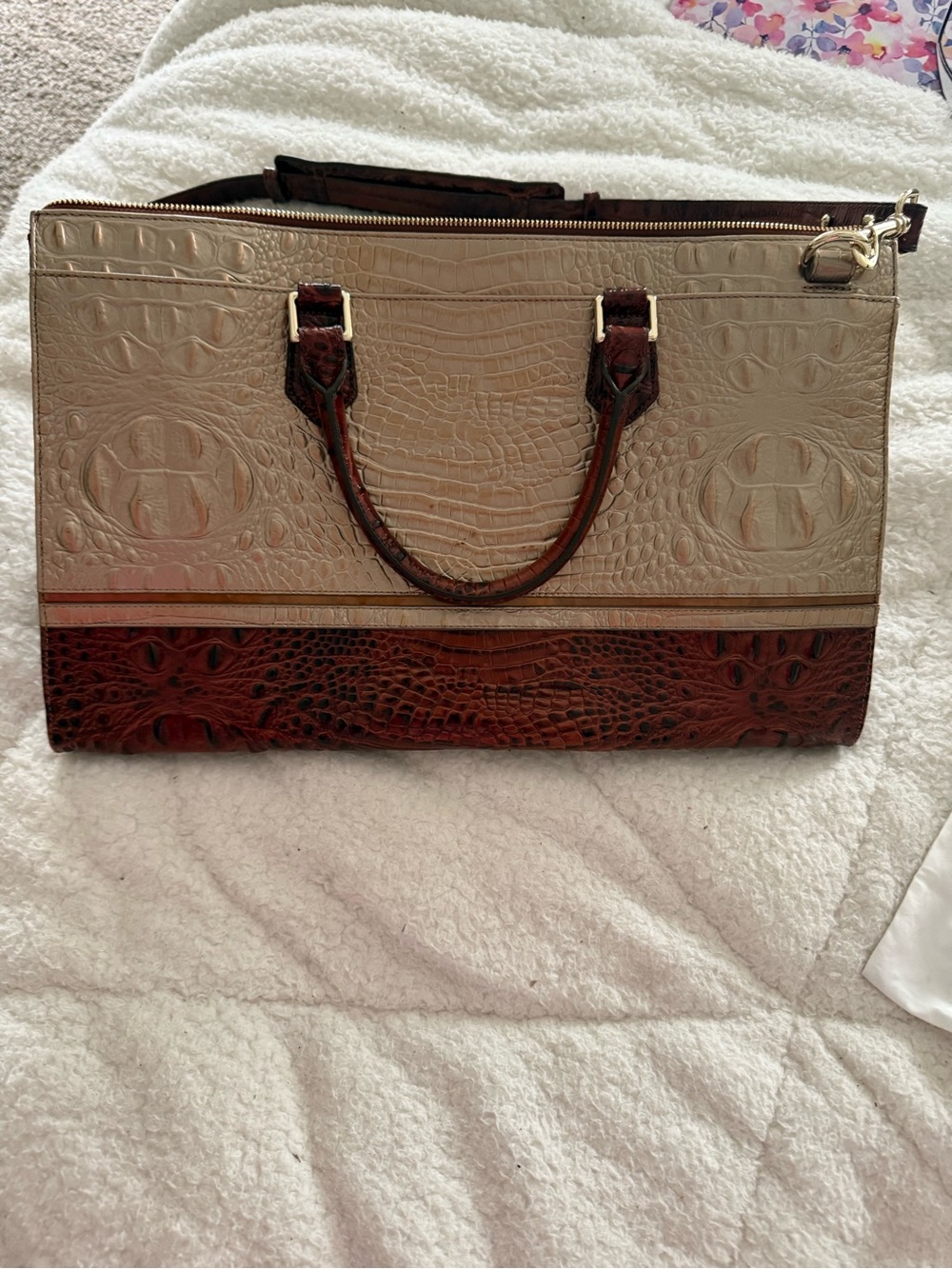Brahmin Cream and Brown Croc-Embossed Satchel